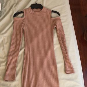 Mauve pink tan ribbed cold shoulder sweater dress